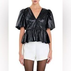 English Factory Black Faux Leather Peplum Top L